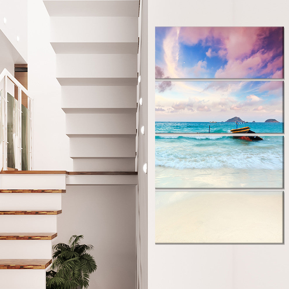 "Exotic Seashore Sunset Over Blue Sea" Seascape Art Canvas, 4 Panels, 28"x48"