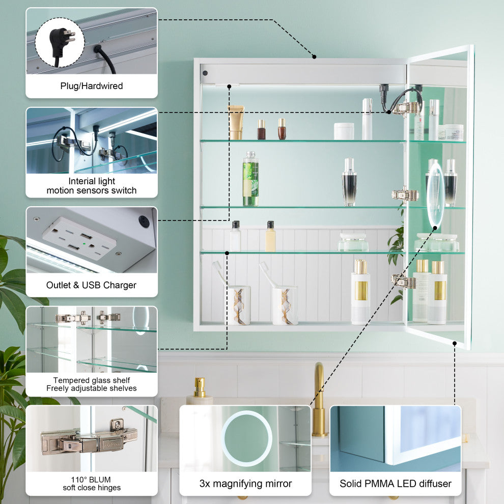 LED Medicine Cabinet with Mirror, 3X Magnifier Glass, Recessed/Surface Mount, 24"x30" Right Door