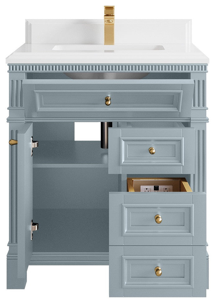 Paris 30" Single Sink Bathroom Vanity, Blue Heather 1.5" White Quartz