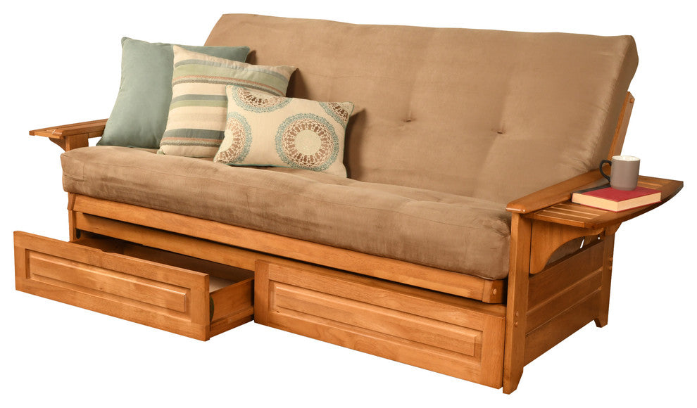 Mesa Frame Futon With Butternut Finish, Storage Drawers, Suede Peat