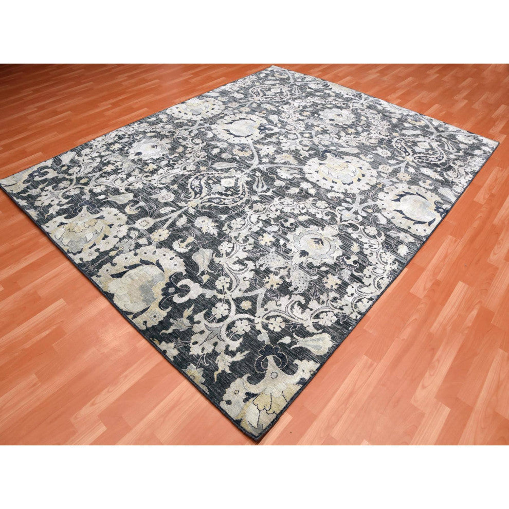 Gray/Blue Tulip and Large Blossom Textured Wool Hand Knotted Rug, 8'2"x10'0"