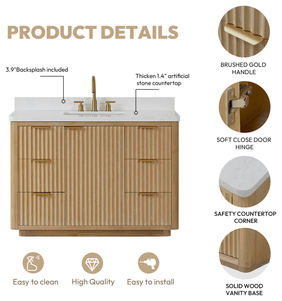 Vinnova Cadiz Bath Vanity, Composite Stone Top, Washed Ash Grey, 48", No Mirror