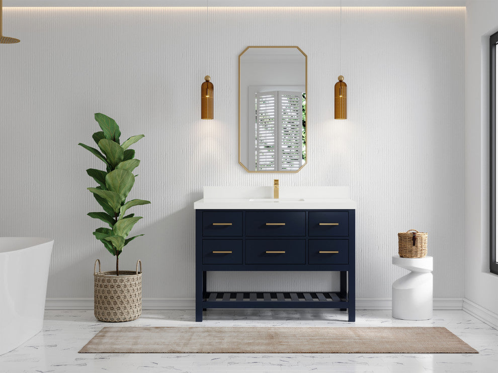 Parker 48 Single Sink Bath Vanity in Navy Blue  2" White Quartz