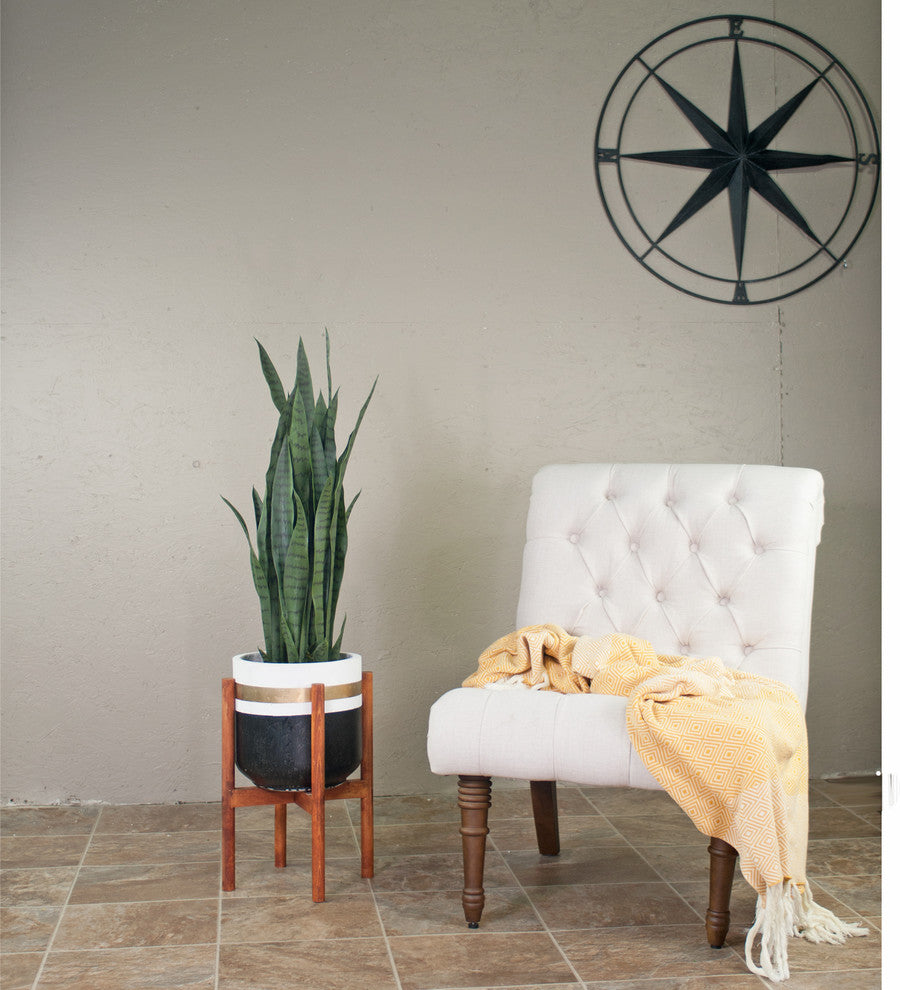 Large Hand Painted Fiber Clay Planter 10'' With Wood Plant Stand Walnut Color