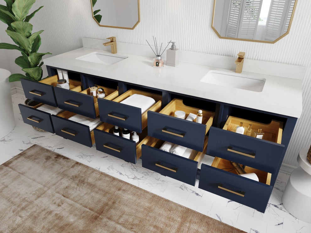 Parker 84 Double Sink Bath Vanity in Navy Blue  2" Carrara Quartz