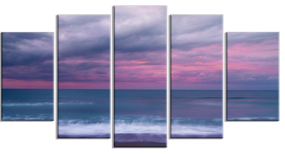 Blue and Pink Unset over Sea, Large Seashore Canvas Art Print, 60"x32", 5 Panels