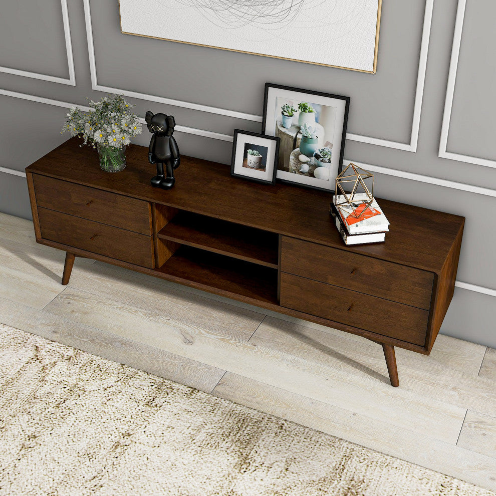 Noak Mid-Century Modern Solid Wood TV Stand With 6 Storage Cabinet, Walnut