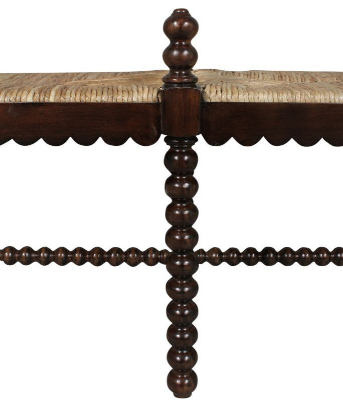 Isle of Man 60" Mahogany and Rush Accent Bench, Bobbin-Turned