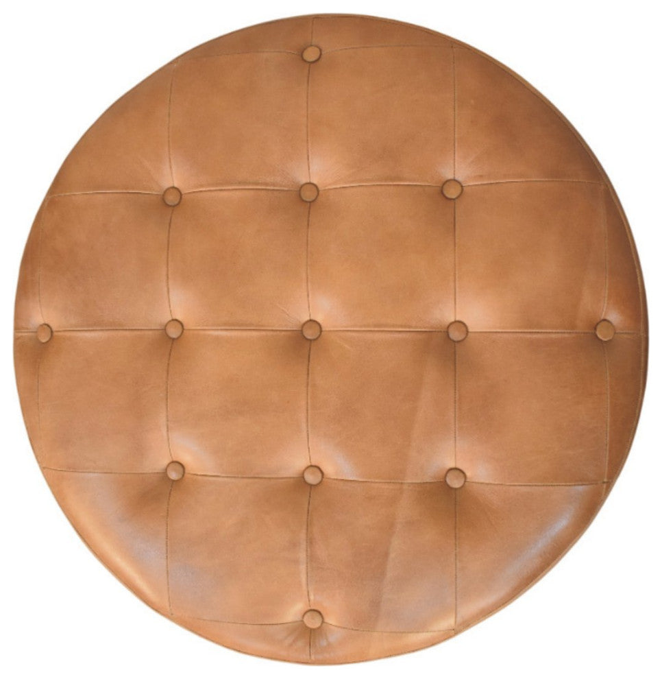 Ottoman upholstered Buffalo Brown hide leather Round Artisan Furniture