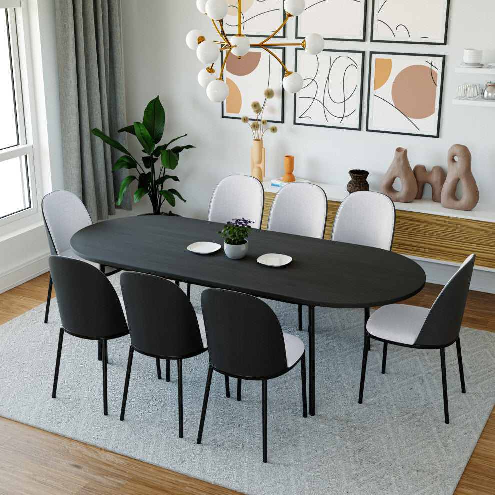 LeisureMod Tule 9-Piece Dining Set in Black Steel Frame, Black/Platinum Blue