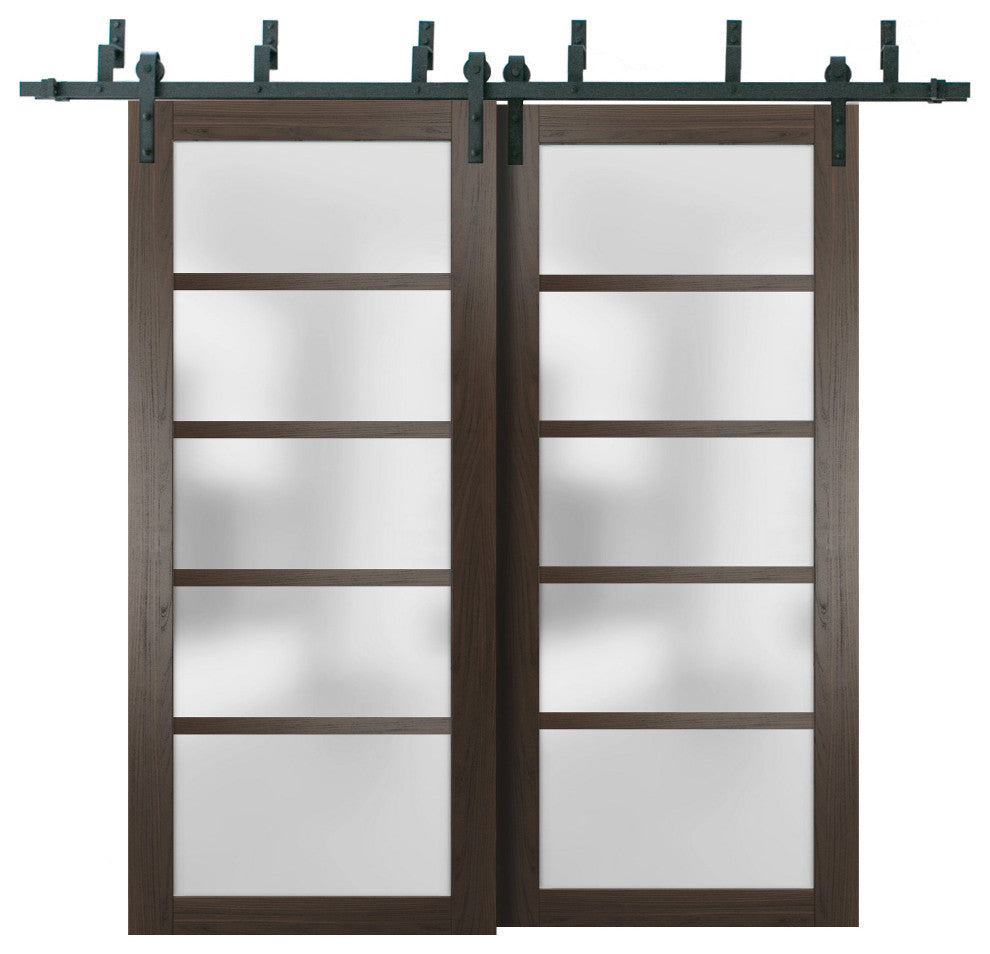 Frosted Glass Barn Bypass Doors 36 x 80, Quadro 4002 Chocolate Ash, 6.6' Rail