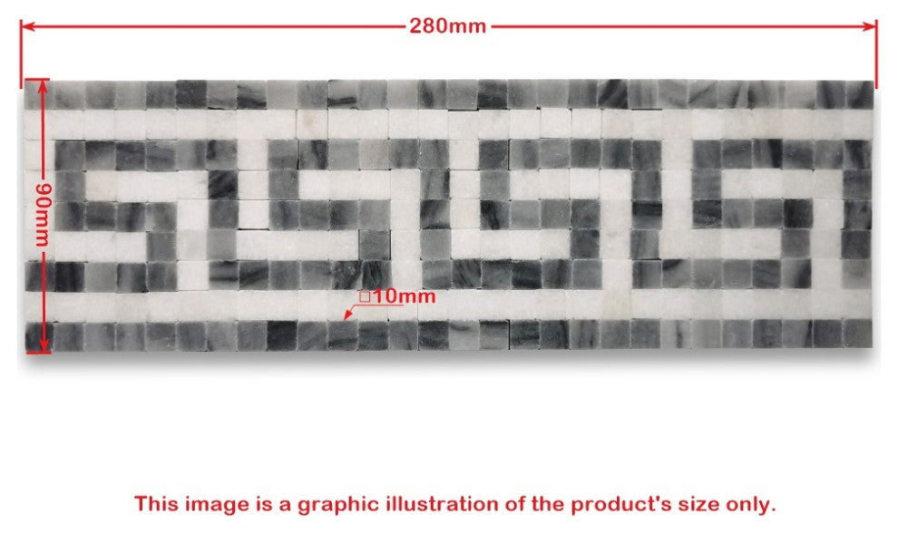 Greek Key Thassos White Bardiglio Gray Marble Mosaic Border Tile, 1 piece