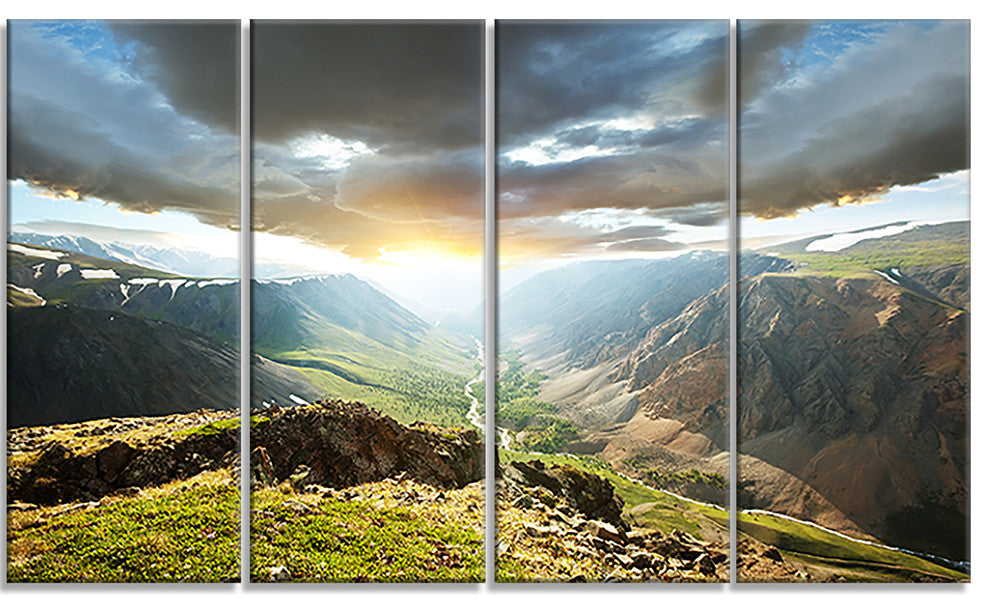 Stunning View of Sunset in Mountains, Landscape Canvas Art, 48"x28", 4 Panels