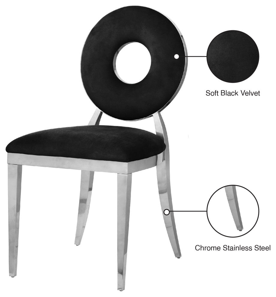 Carousel Upholstered Dining Chair, Set of 2, Black Velvet, Chrome Finish
