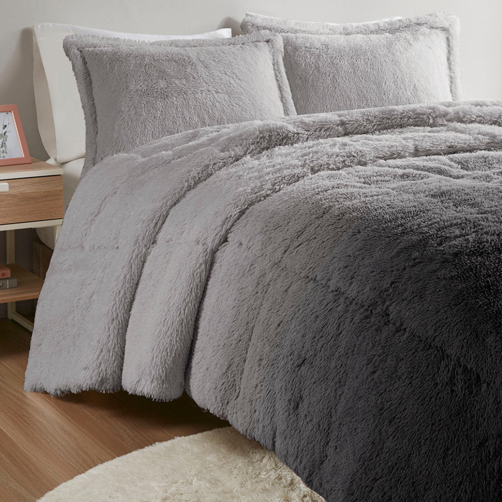 Intelligent Design Brielle Ombre Shaggy Long Fur Comforter Mini Set, Grey