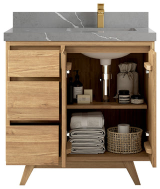 Madison Teak 36 Right Offset Bath Vanity in Light Natural 2" Piatra Gray