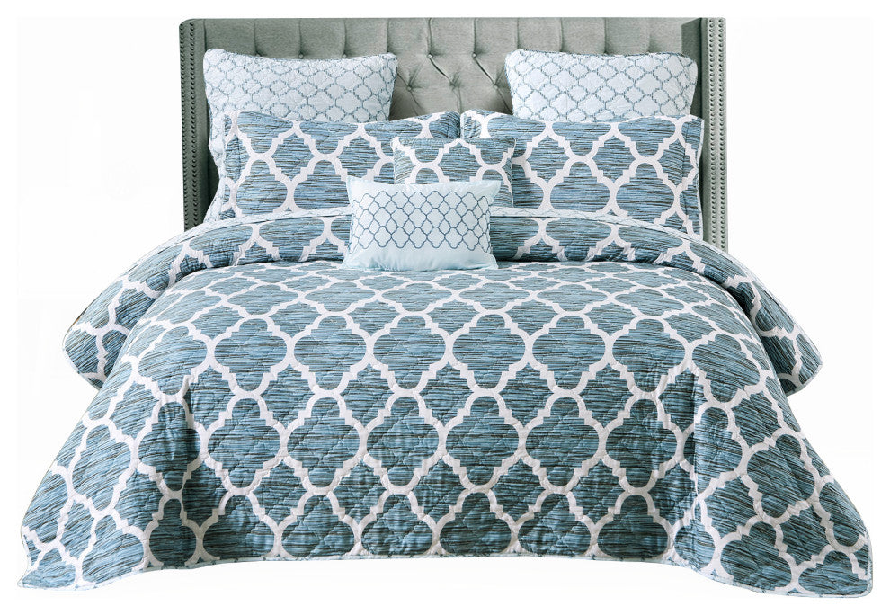Honor Quilted 7 Piece Bed Spread Set, Blue, Queen