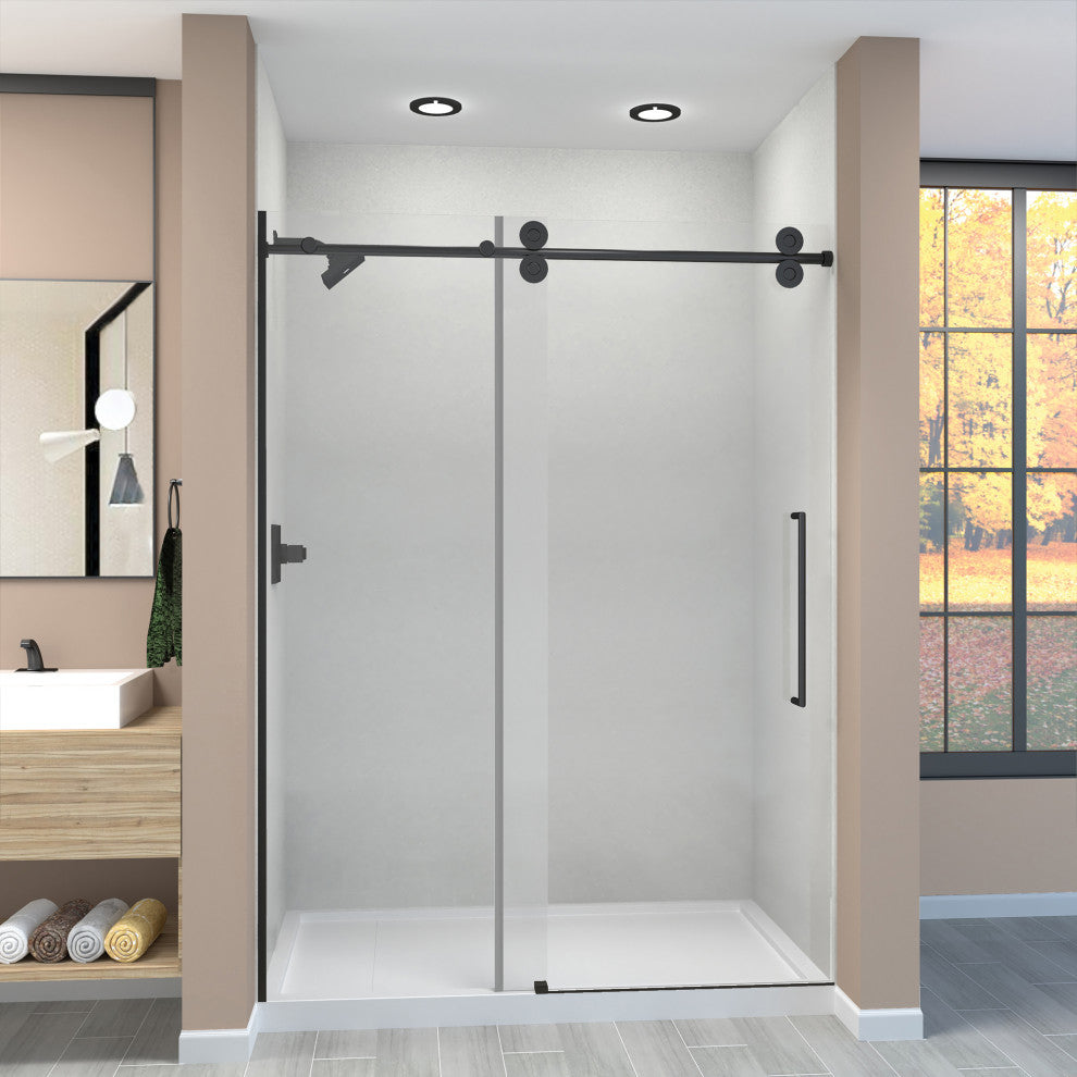 Teegan Sliding Shower Door, Fixed, Clear Glass, Matte Black, Turin Handle