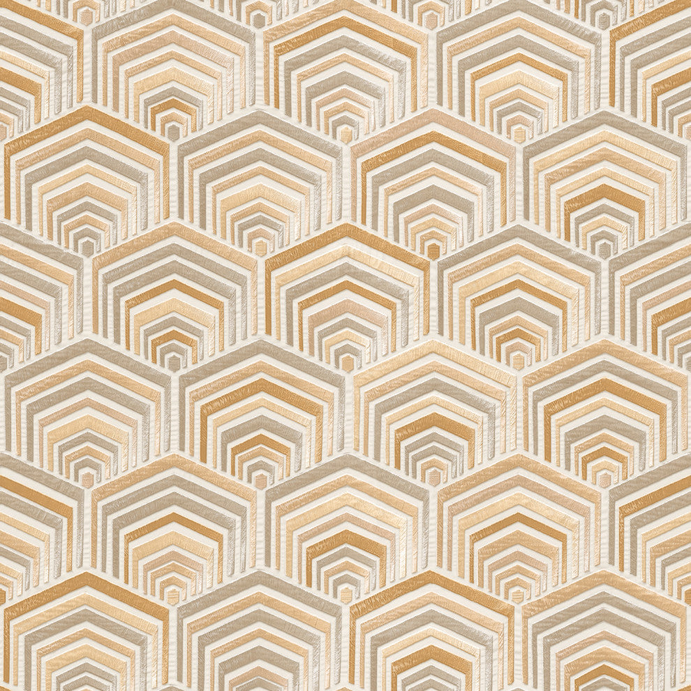 Geometric Textured Wallpaper, Hexagon, Beige Cream Gold, 1 Roll