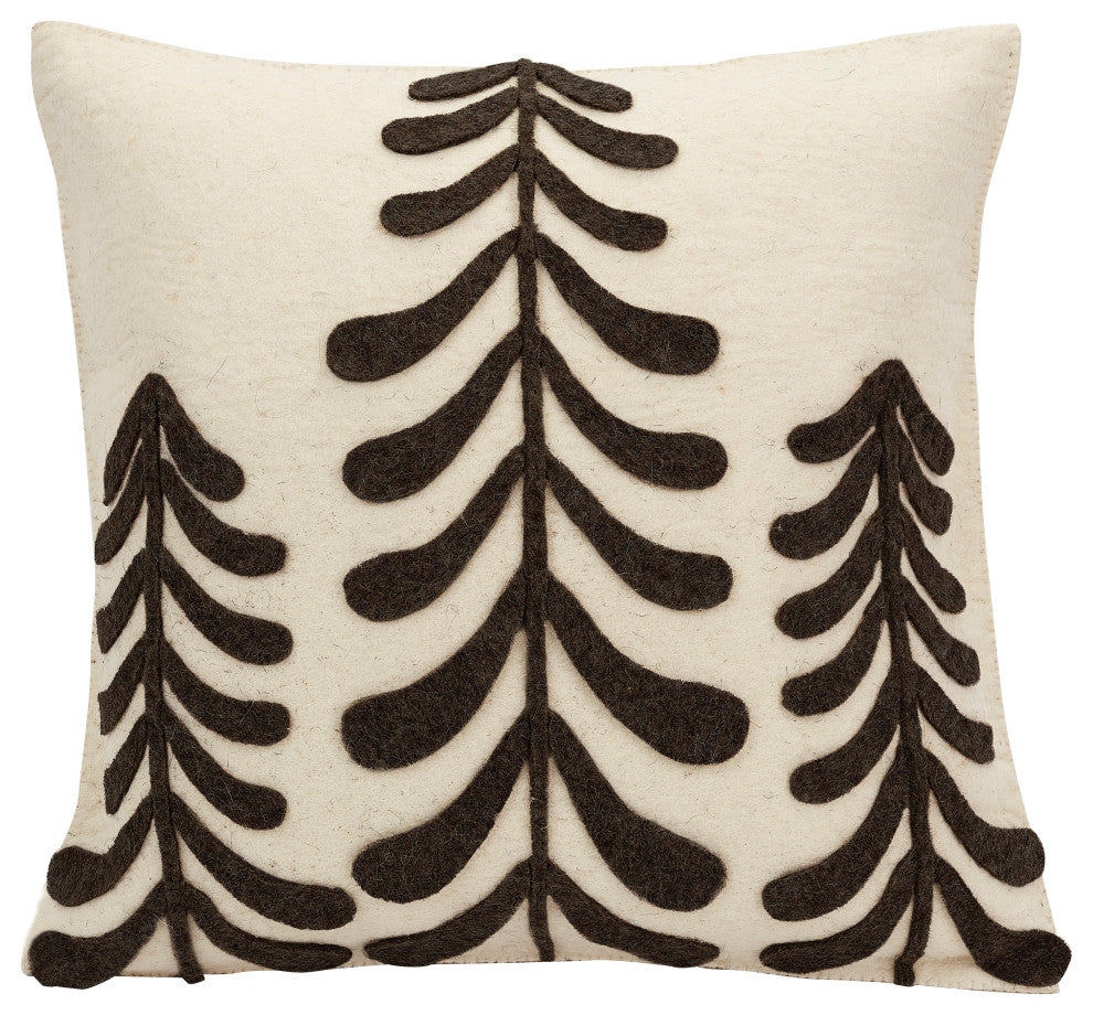 Cream Pillow in Hand Felted Wool With Chocolate Trees, 20"