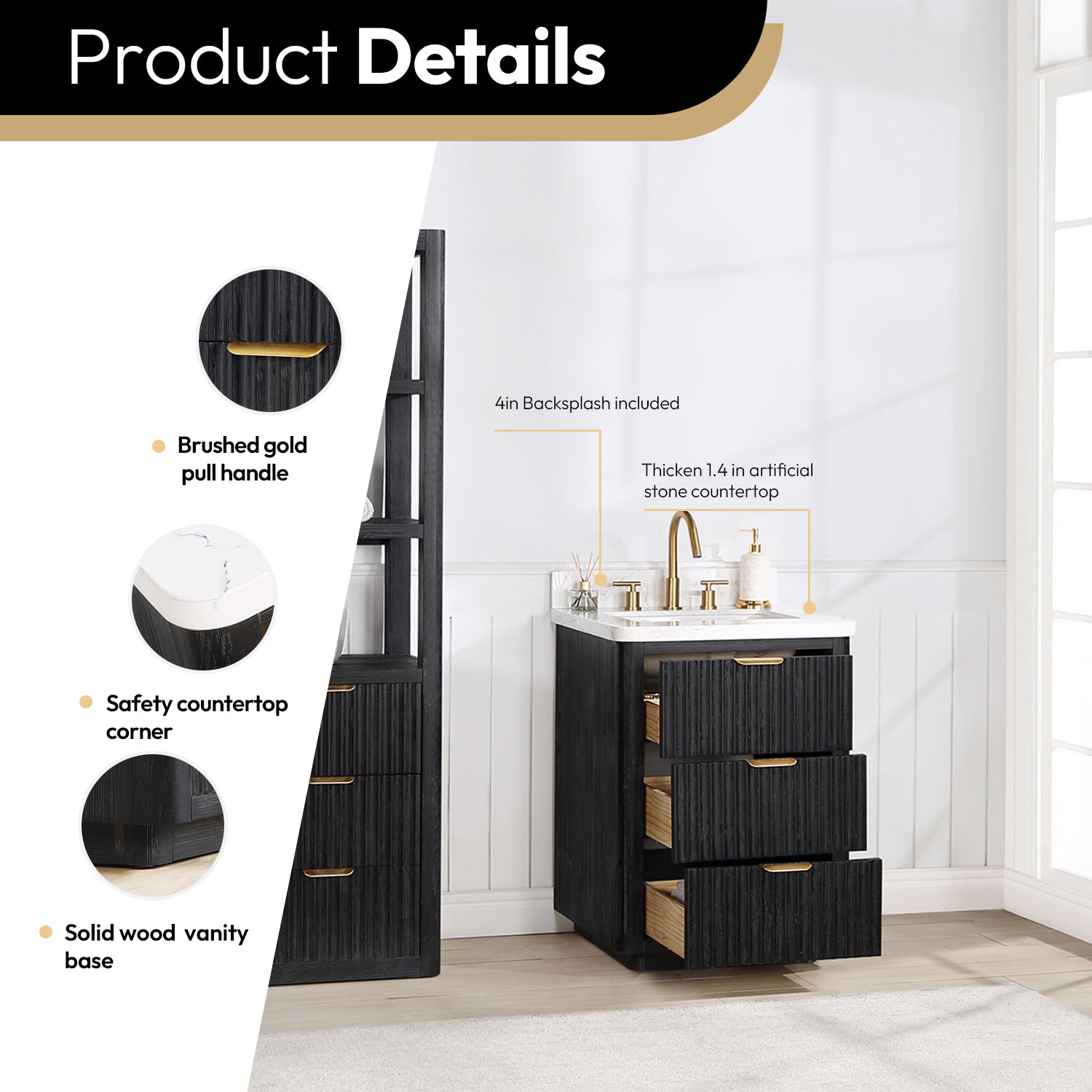 Vinnova Cadiz Bath Vanity, Composite Stone Top, Black, 24", With Mirror