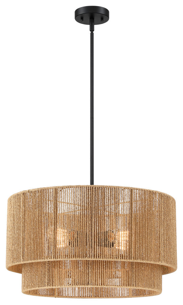 22"W 4-Light Rattan Tiered Drum Chandelier Light With Black Canopy, Natural