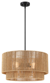 22"W 4-Light Rattan Tiered Drum Chandelier Light with Black Canopy, Natural