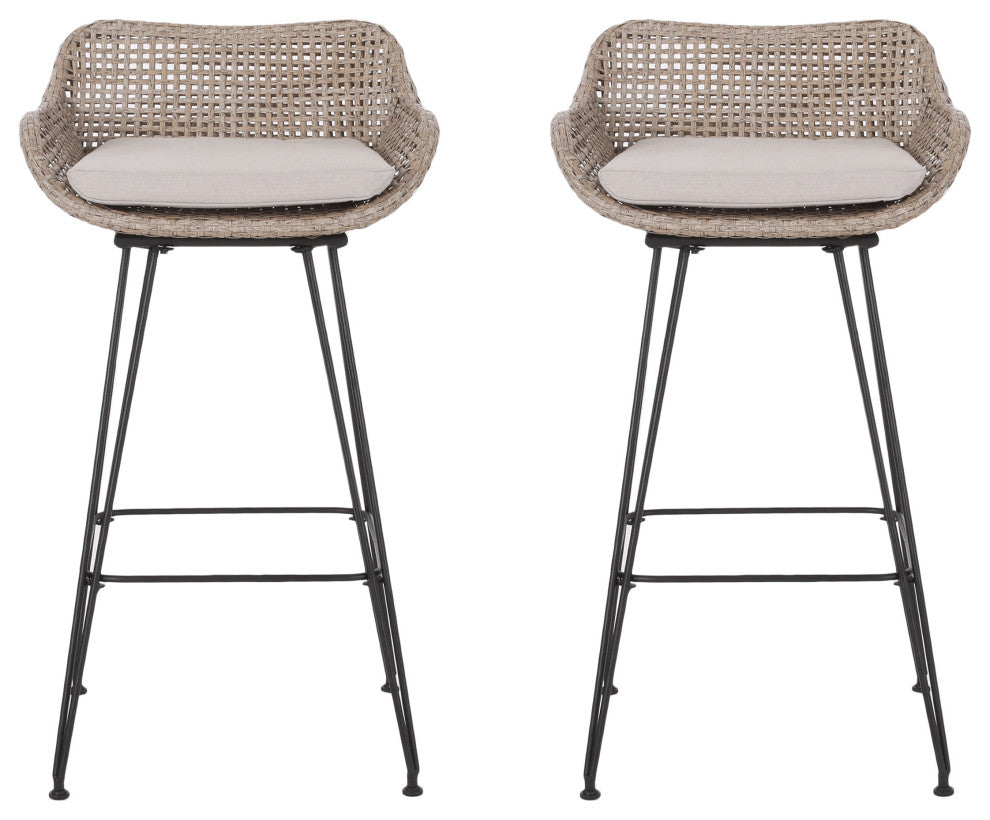 Pondway Outdoor Wicker/Iron Barstools, Set of 2, Beige/Mix Light Brown/Black