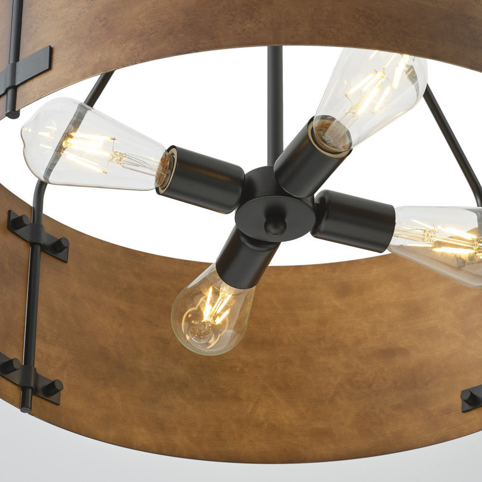 Matte Black 4-Light Metal Pendant Light With Brown Drum Shade