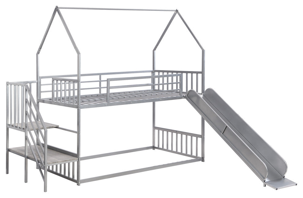 Gewnee Twin over Twin Metal Bunk Bed House Bed with Slide and Staircase