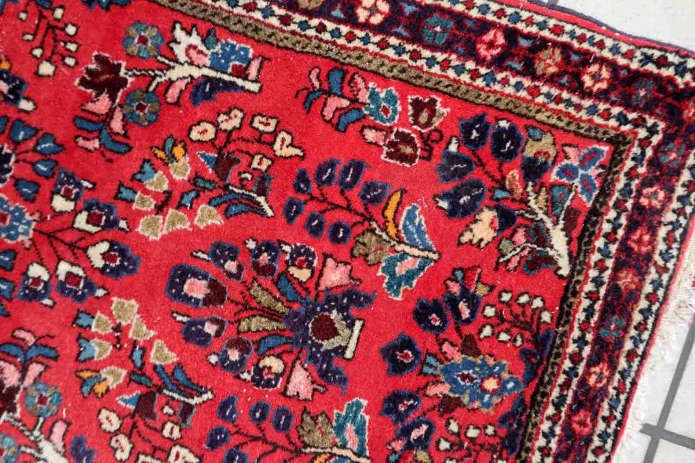Handmade Vintage Persian Sarouk Rug 2.1'x4.2', 66cmx130cm 1970s