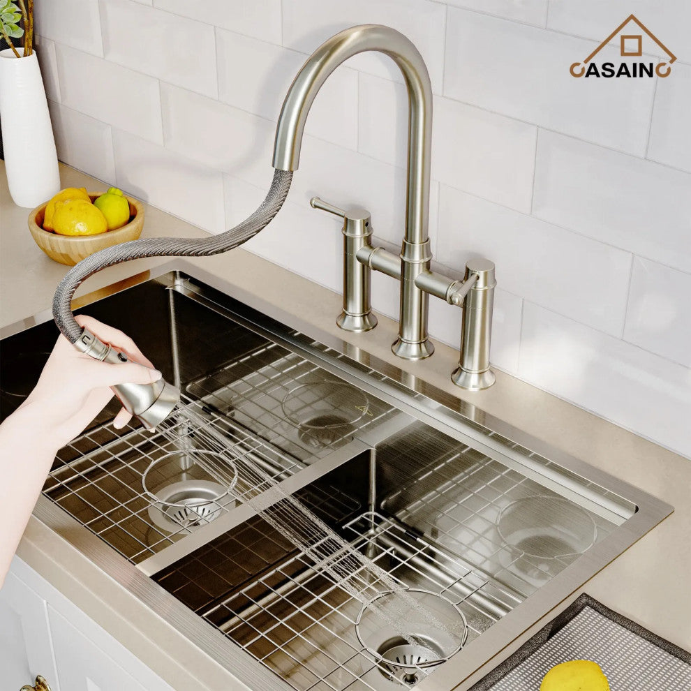 CASAINC Kitchen Faucet Centerset Bridge 3-Function 2-Handle Pull-Down Spray, Brushed Nickel