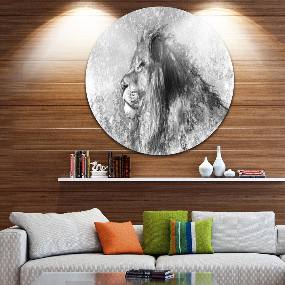 Lion Tattoo Illustration Art, Digital Art Round Metal Wall Art, 11"