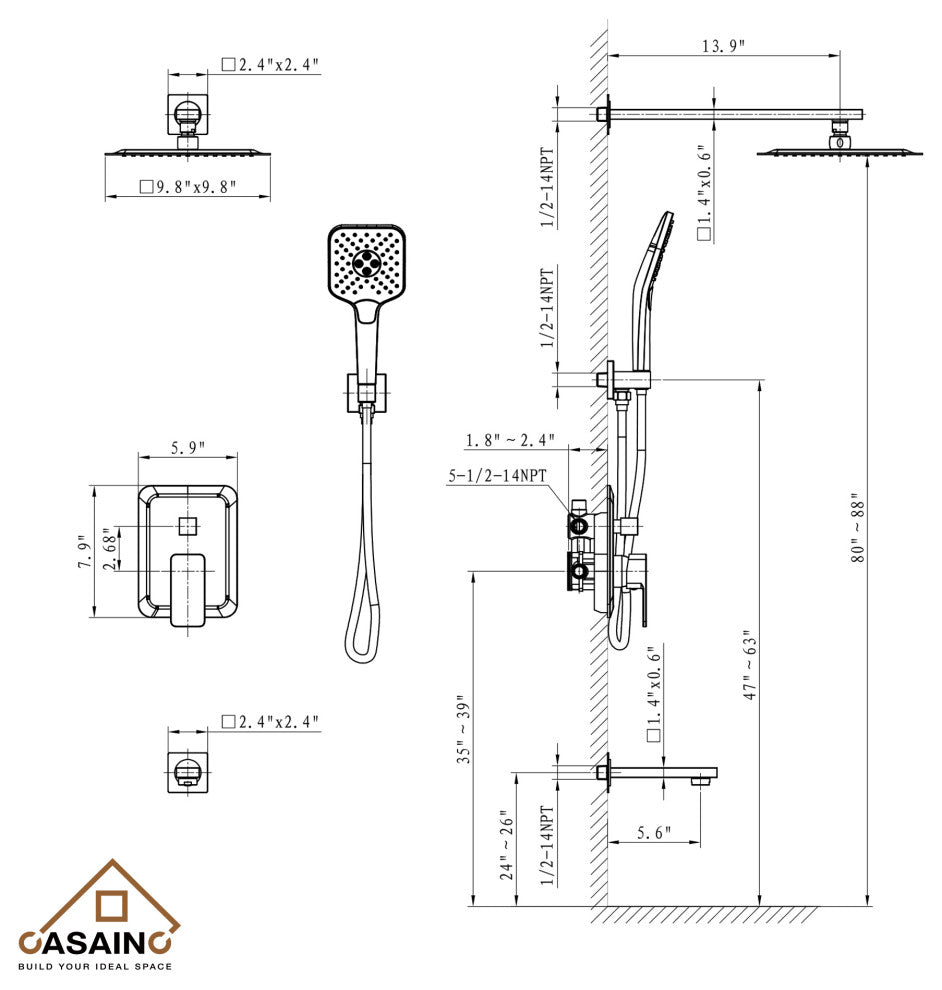9inch Shower System Brushed Nickel Dual Head Waterfall Shower Bar System, Brushed Nickle