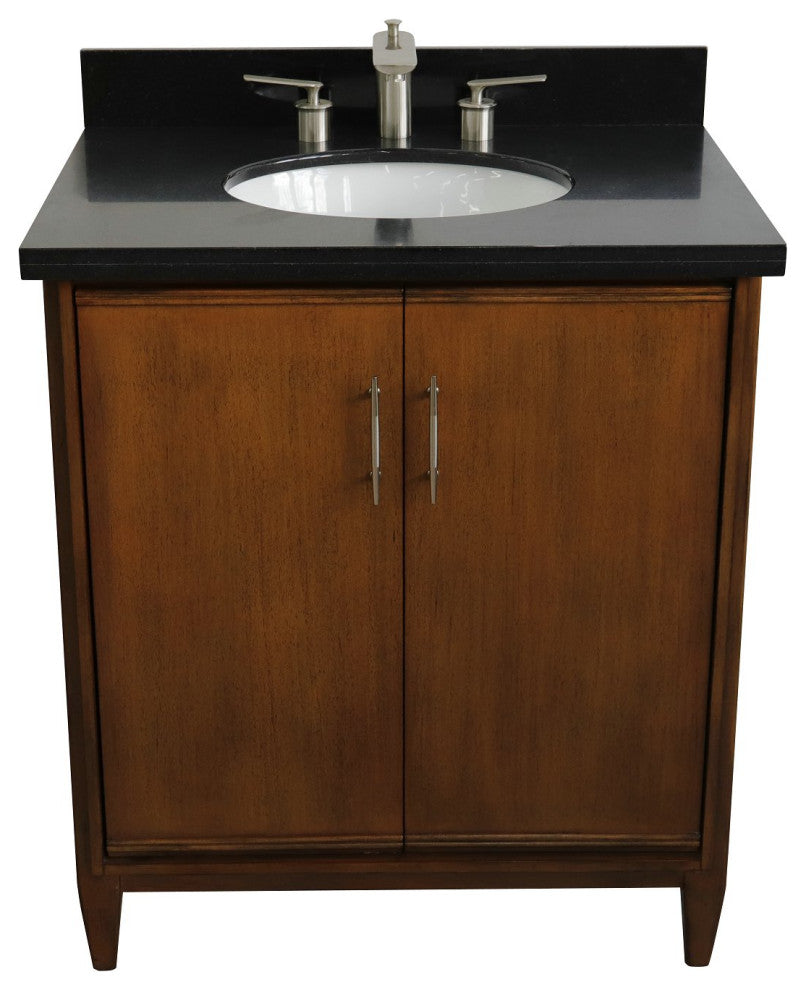 31" Single Sink Vanity, Walnut Finish, Black Galaxy Granite With Oval Sink