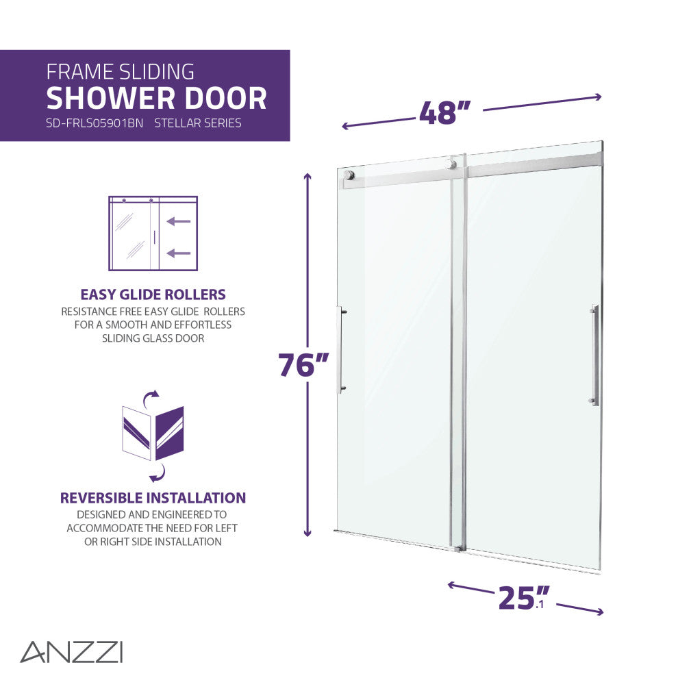 ANZZI Stellar 76" H Frameless Sliding Shower Door, Brushed Nickel, 48" W