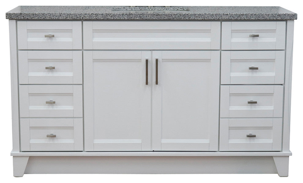 61" Single Sink Vanity, White Finish And Gray Granite And Rectangle Sink