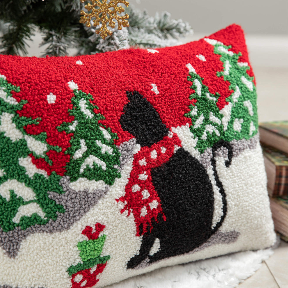 18"L Hooked Christmas Pillow Throw Xmas Pillows, Cat