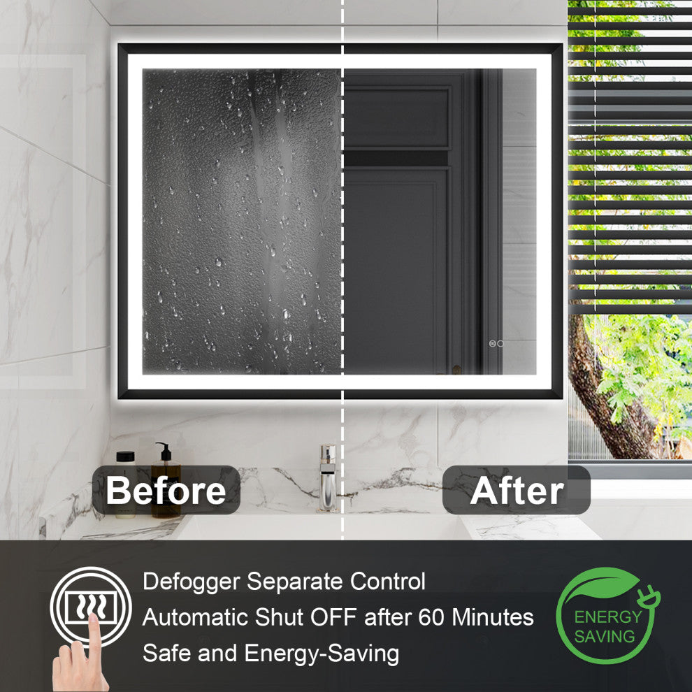 Beveled Bathroom LED Mirror Framed, Backlit and Front Light, Matte Black, 40"x32"
