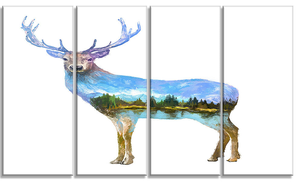 Deer Double Exposure Illustration, Large Animal Canvas Print, 48"x28", 4 Panels