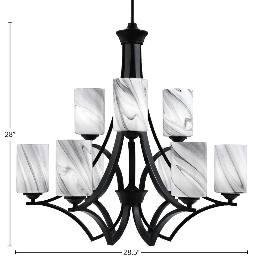 Zilo, 9 Light, Chandelier, Matte Black Finish With 4" Onyx Swirl Glass