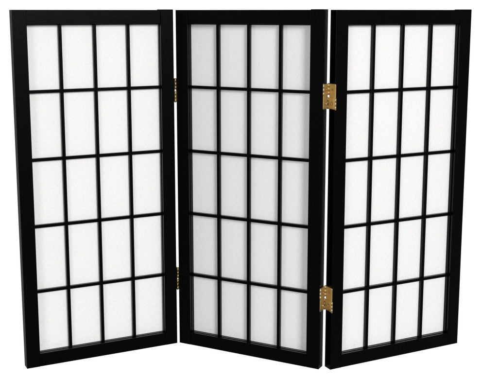 2' Tall Desktop Window Pane Shoji Screen, Black, 3 Panels