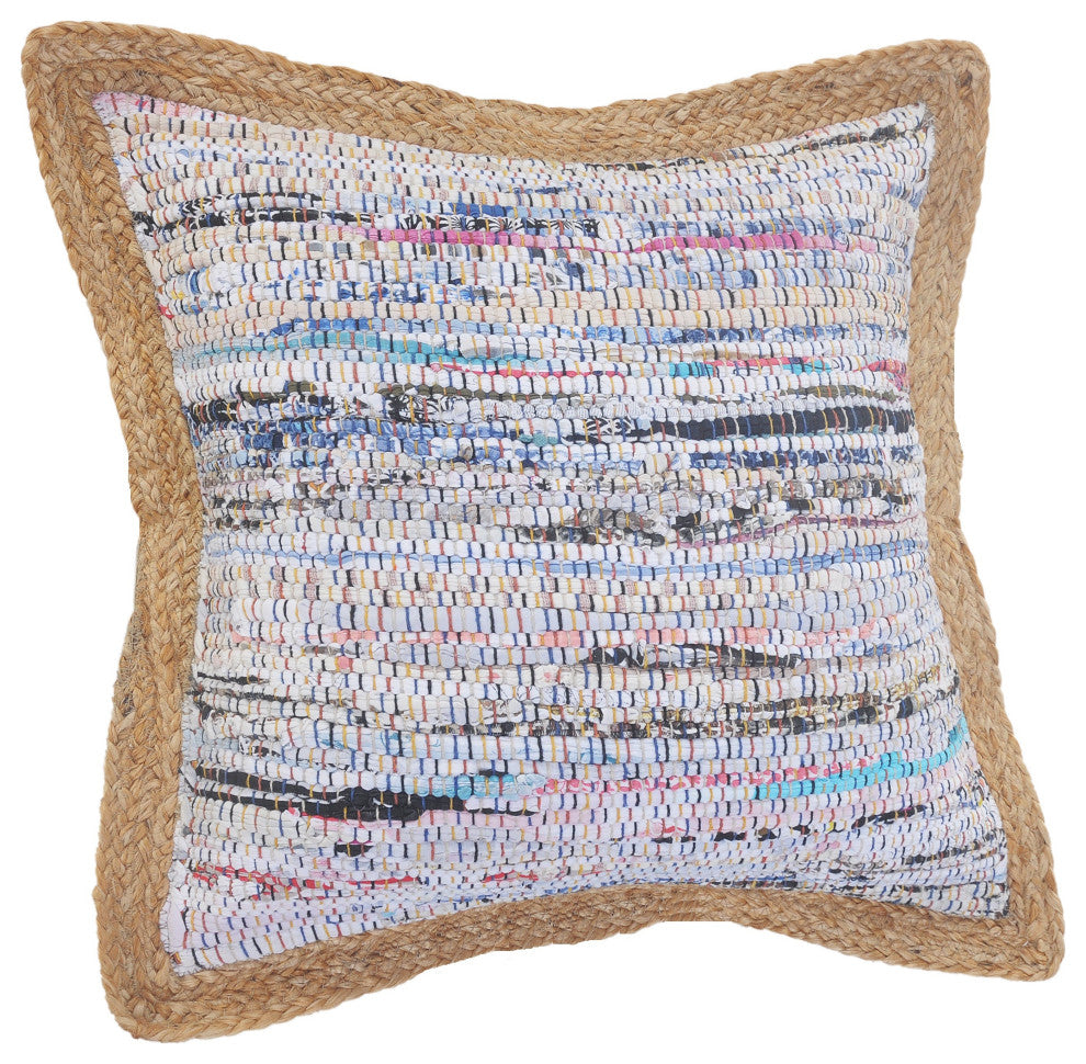 White Multicolored Chindi Jute Bordered Throw Pillow