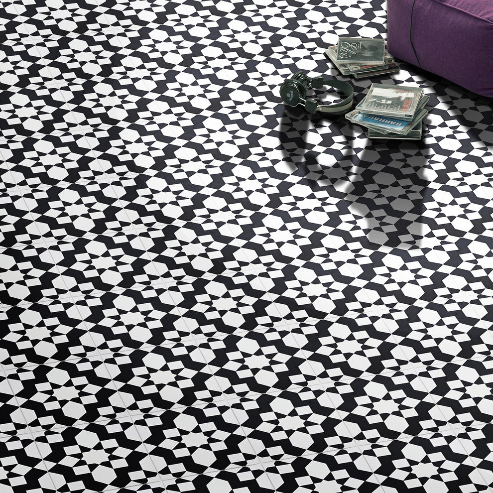 8"x8" Affos Handmade Cement Tile, White,Black, Set of 12