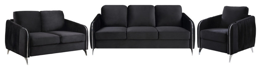 Hathaway Black Velvet Fabric Sofa Loveseat Chair Living Room Set