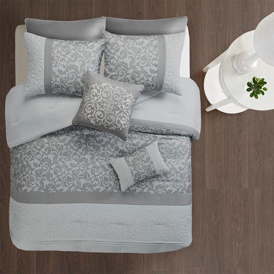 510 Design Ramsey Embroidered 8 Piece Comforter Set, Grey, Queen