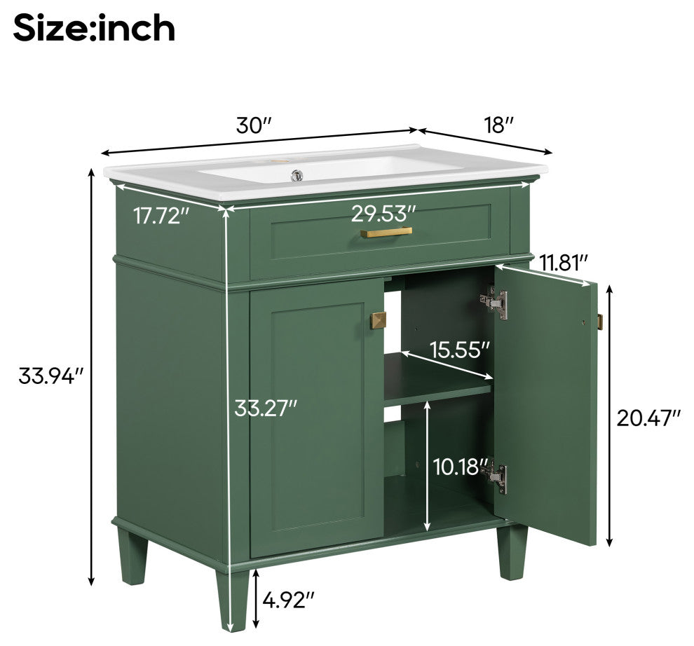 30 Inch Bathroom Vanity with Ceramic Basin, Soft-close Door, Green