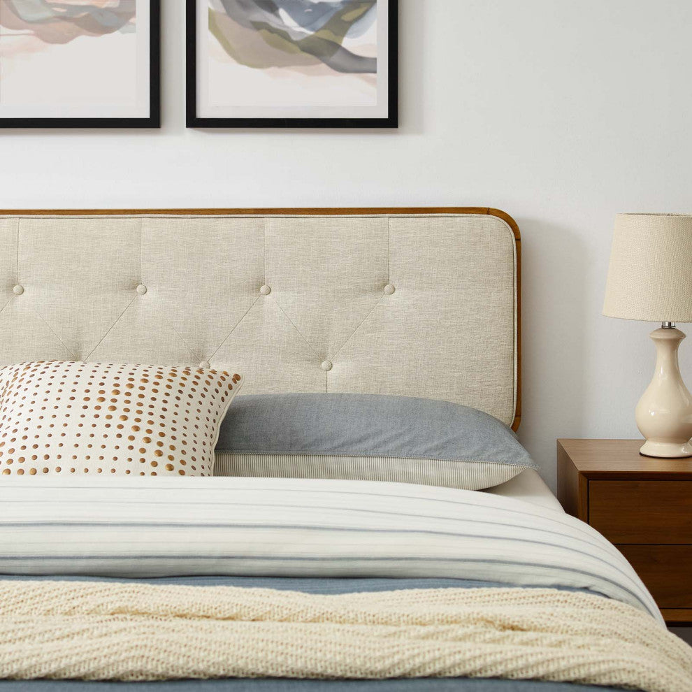 Platform Bed Frame, Queen Size, Fabric, Wood, Brown Walnut Beige, Modern