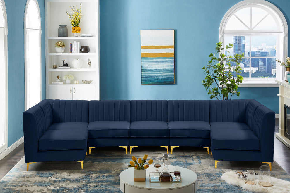 Alina Velvet Modular U-Shaped Sectional, Navy, 7-Piece: 5 Armless Chair, 2 Corner Chair