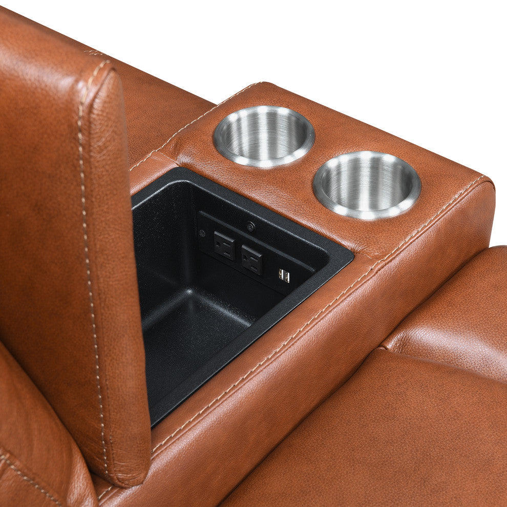 Natalia Power Loveseat Console Leather Recliner, Caramel